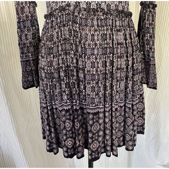 Womens Boho Mini Dress Small Black Purple Floral High Neck Long Sleeve Rayon - Picture 5 of 8